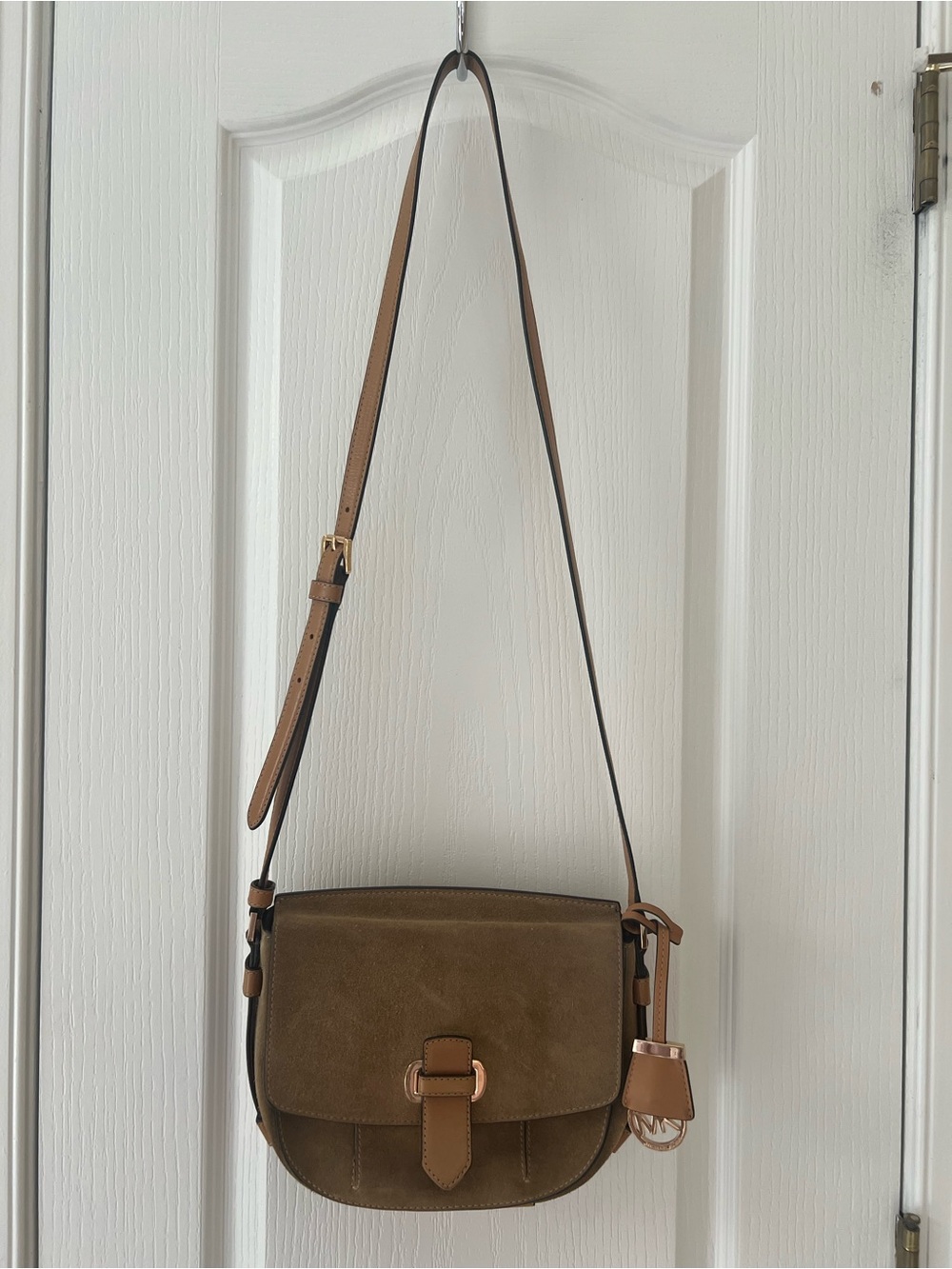 Michael Kors “Maxine” Buckled Saddle Crossbody - Brown Suede